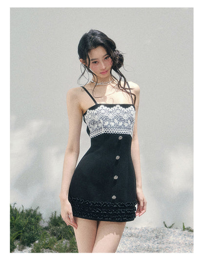 “Midnight Soliloquy” Black Lace Slip Mini Dress
