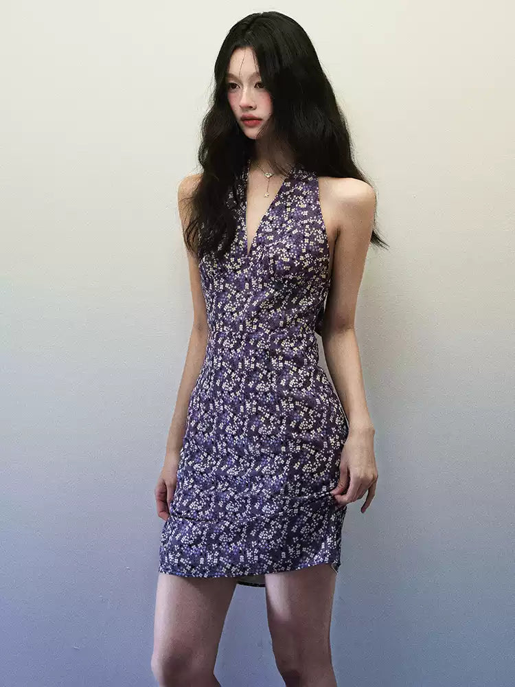 1P - Purple Floral Halter V-Neck Mini Dress