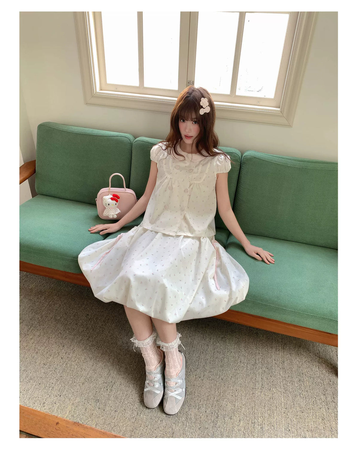 [RF] “White Peach Milk Foam” Pink & White Floral Polka Dot Two-Piece Set