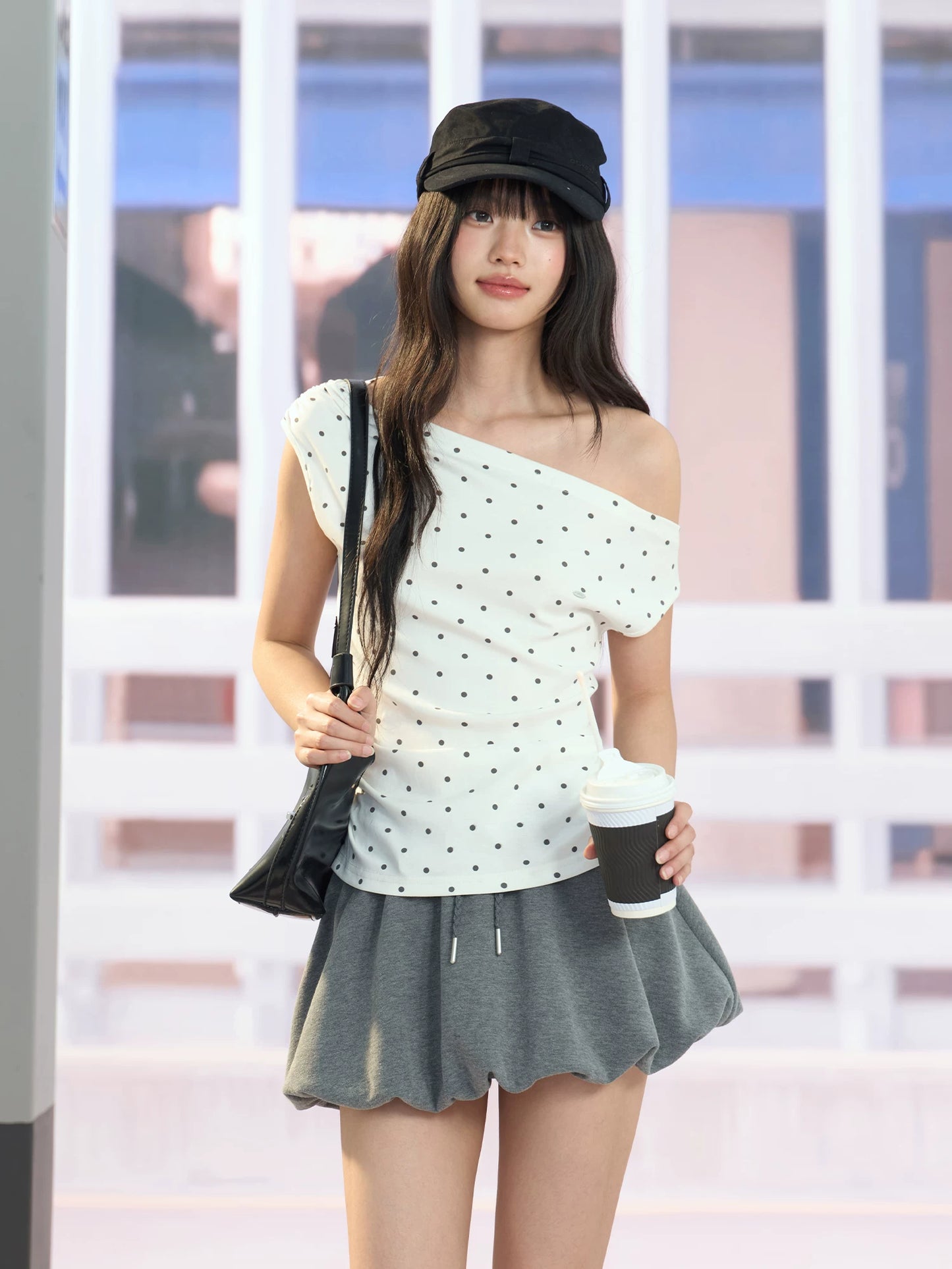 "Polished Departure" Polka Dot Off-Shoulder Ruched T-Shirt (White, Gray)