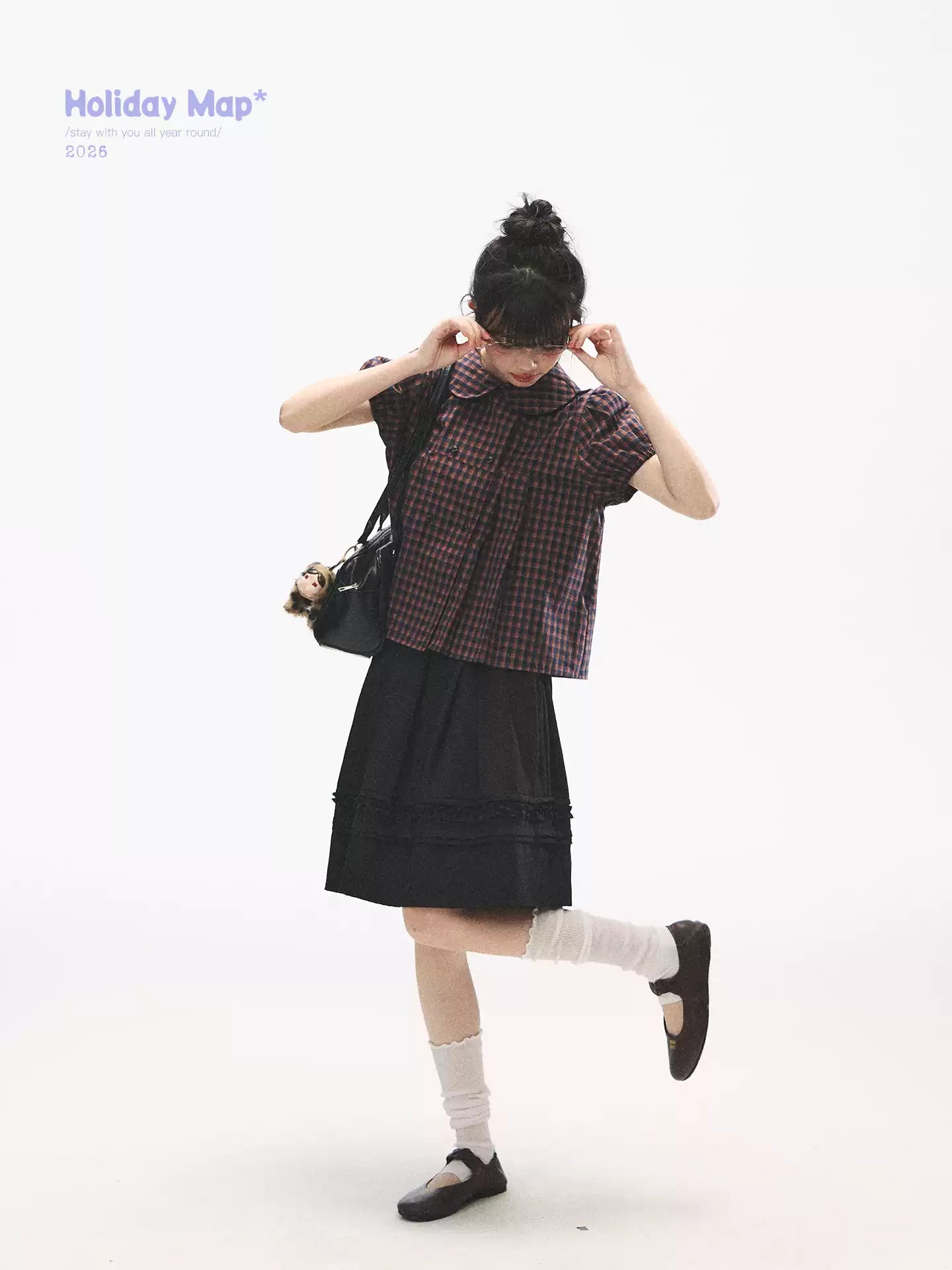 "Retro Plaid Sweetheart" Navy Orange Check Cotton Peter Pan Collar Blouse