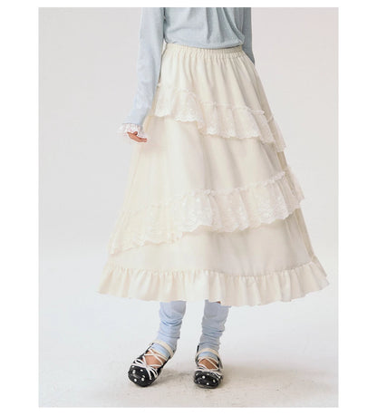 [CAN] "Soft Whisper" Ivory Embroidered Lace Layered Midi Skirt