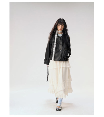 [CAN] "Soft Whisper" Ivory Embroidered Lace Layered Midi Skirt