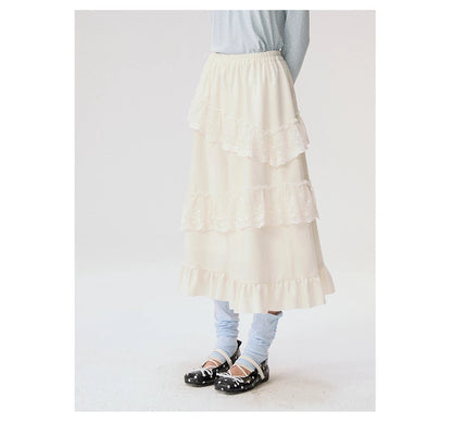 [CAN] "Soft Whisper" Ivory Embroidered Lace Layered Midi Skirt