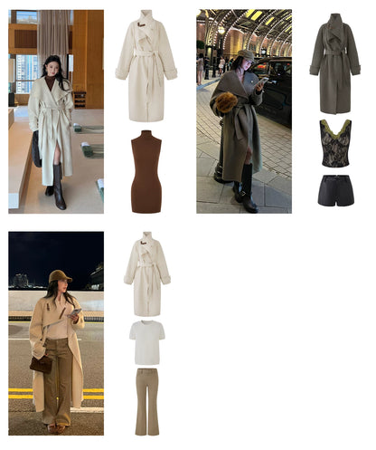 QuQuOuYang - 100% Wool Double-Face Belted Coat with Convertible Collar