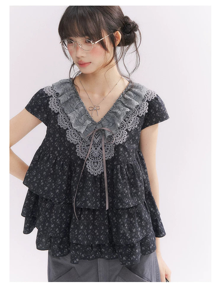 “Midnight Petal” Gray-Black Floral Top & Tiered Dress