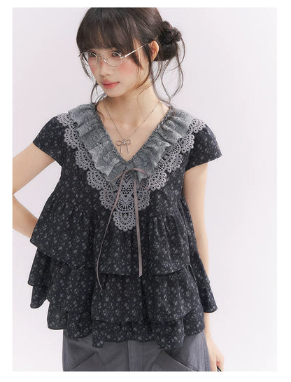 “Midnight Petal” Gray-Black Floral Top & Tiered Dress