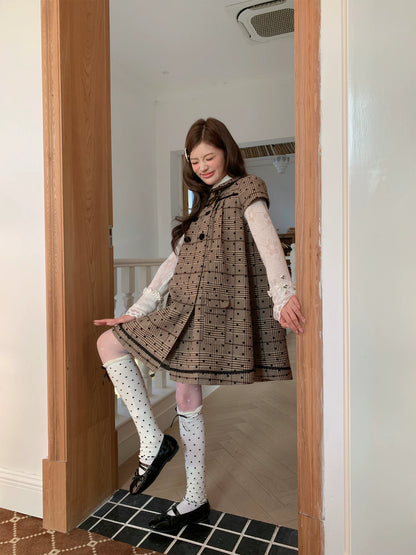 “Hazel Rococo Reverie” Khaki Plaid Polka Dot Dress