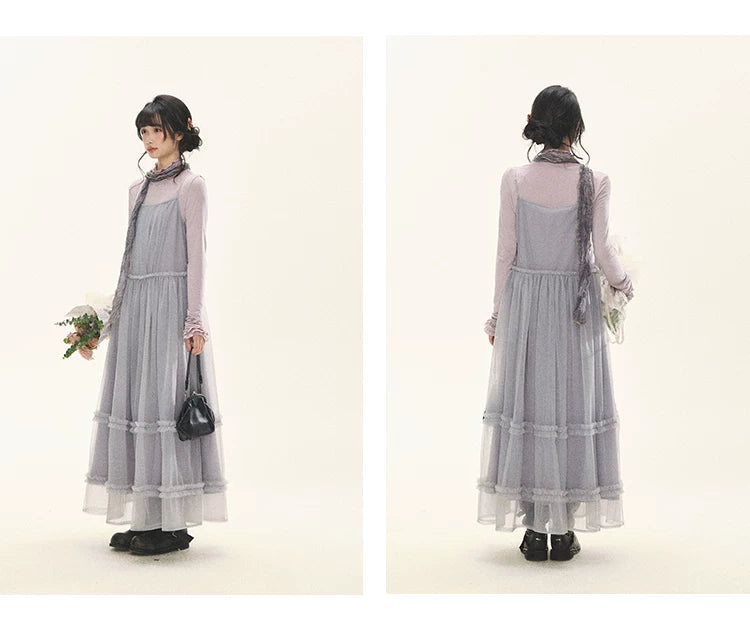 "Morning Veil" Morning Mist Purple Tiered Mesh Slip Midi Dress