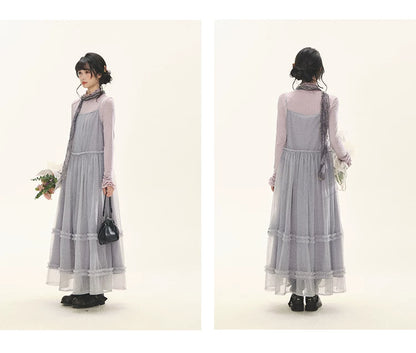 "Morning Veil" Morning Mist Purple Tiered Mesh Slip Midi Dress
