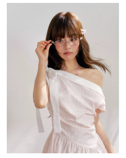 “Cloud Ballet Reverie” Blush Pink Off-Shoulder Dress