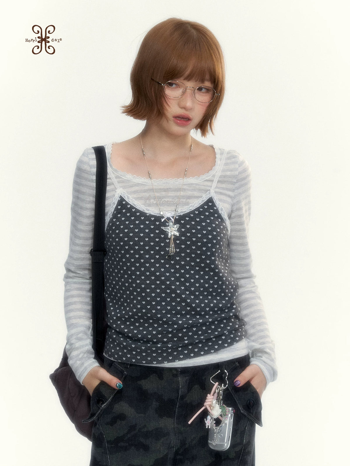 “Heart Dot” Charcoal Polka Dot Lace Trim Fitted Knit Cami