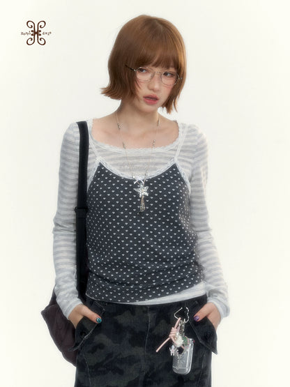 “Heart Dot” Charcoal Polka Dot Lace Trim Fitted Knit Cami