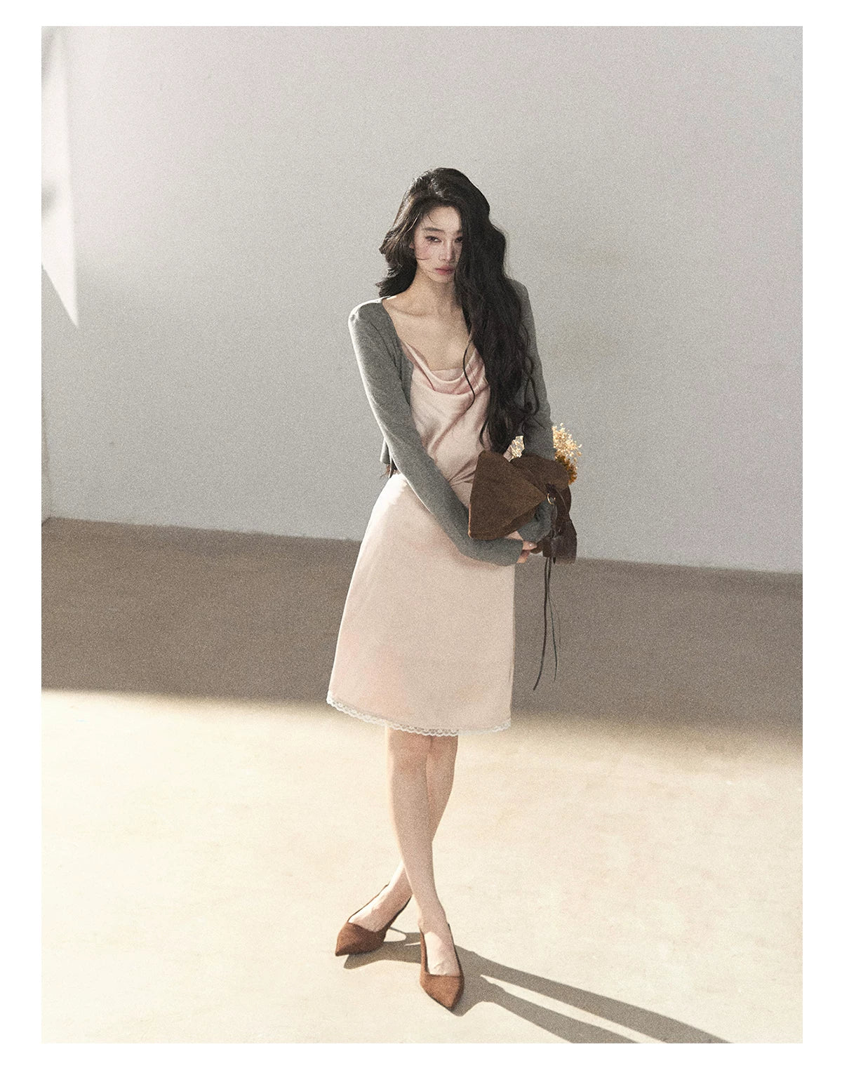 AOMALM - Glacier Pink Satin Cami & Skirt Set with Paris Gray Knit Cardigan