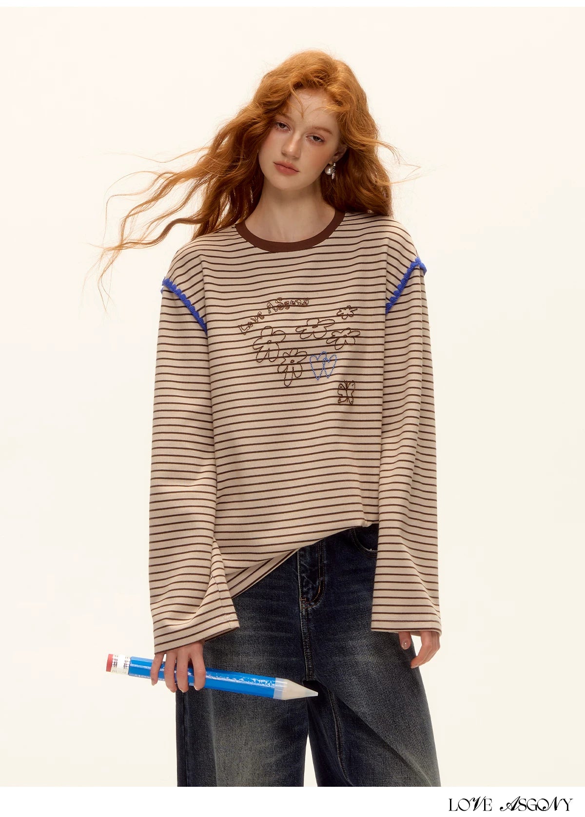 ASGONY - Striped Contrast Embroidered Shell Stitch T-Shirt