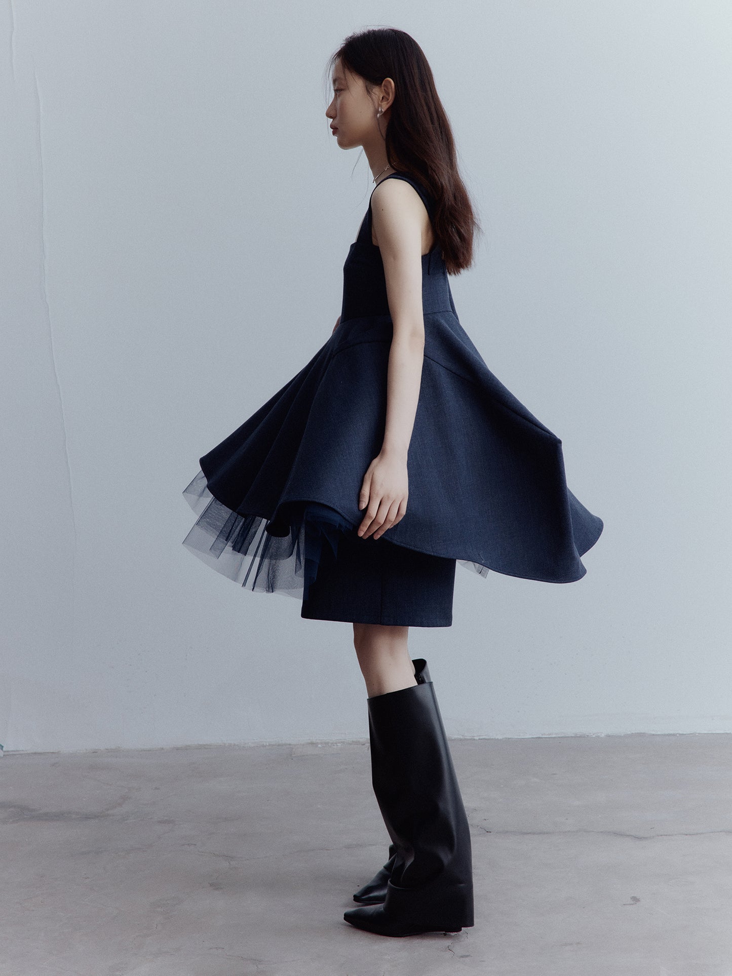 FUSSED Fantasy Manta Layered Mesh A-Line Dress – Midnight Blue FOF-25AW199a
