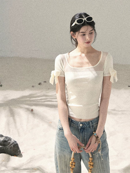 "Gentle Ocean Tide" Dutch Cream Cutout Knit Crop Top 75511