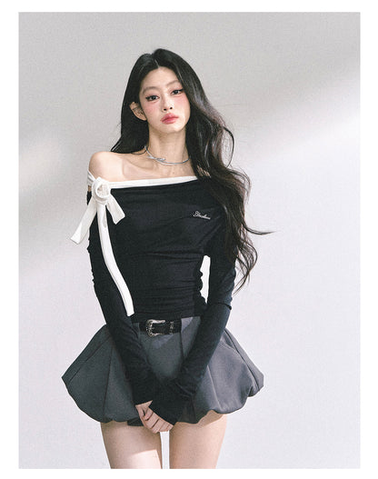 少也眼 "Sweet Temptation Spiral" Asymmetric Off-Shoulder Long-Sleeve Crop Tee - Black