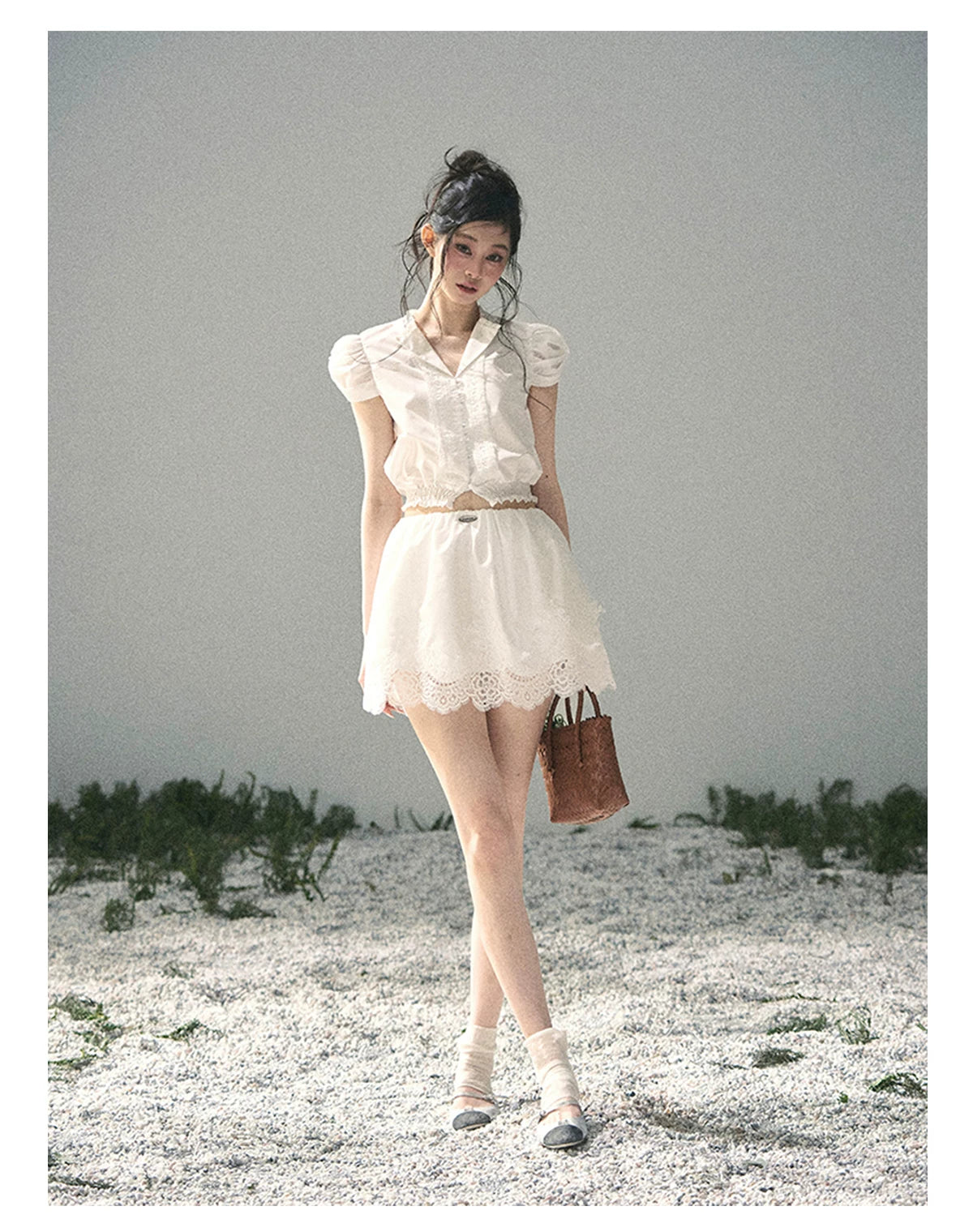 "Rose Petals in Secret" Cloud White Lace Two-Piece Skirt Set 142453