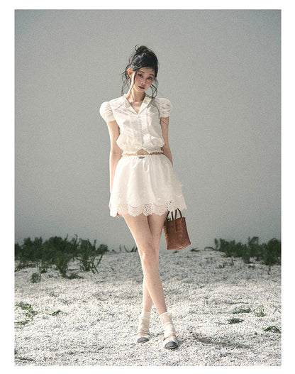 "Rose Petals in Secret" Cloud White Lace Two-Piece Skirt Set 142453