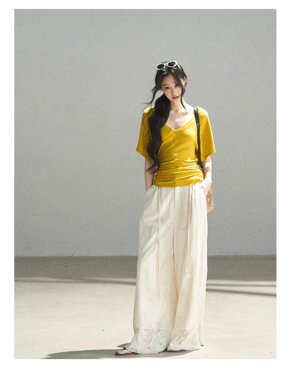 "A Love Letter to Sunlight" Dutch Cream Lace Wide-Leg Pants (With Matching Waist Rope)