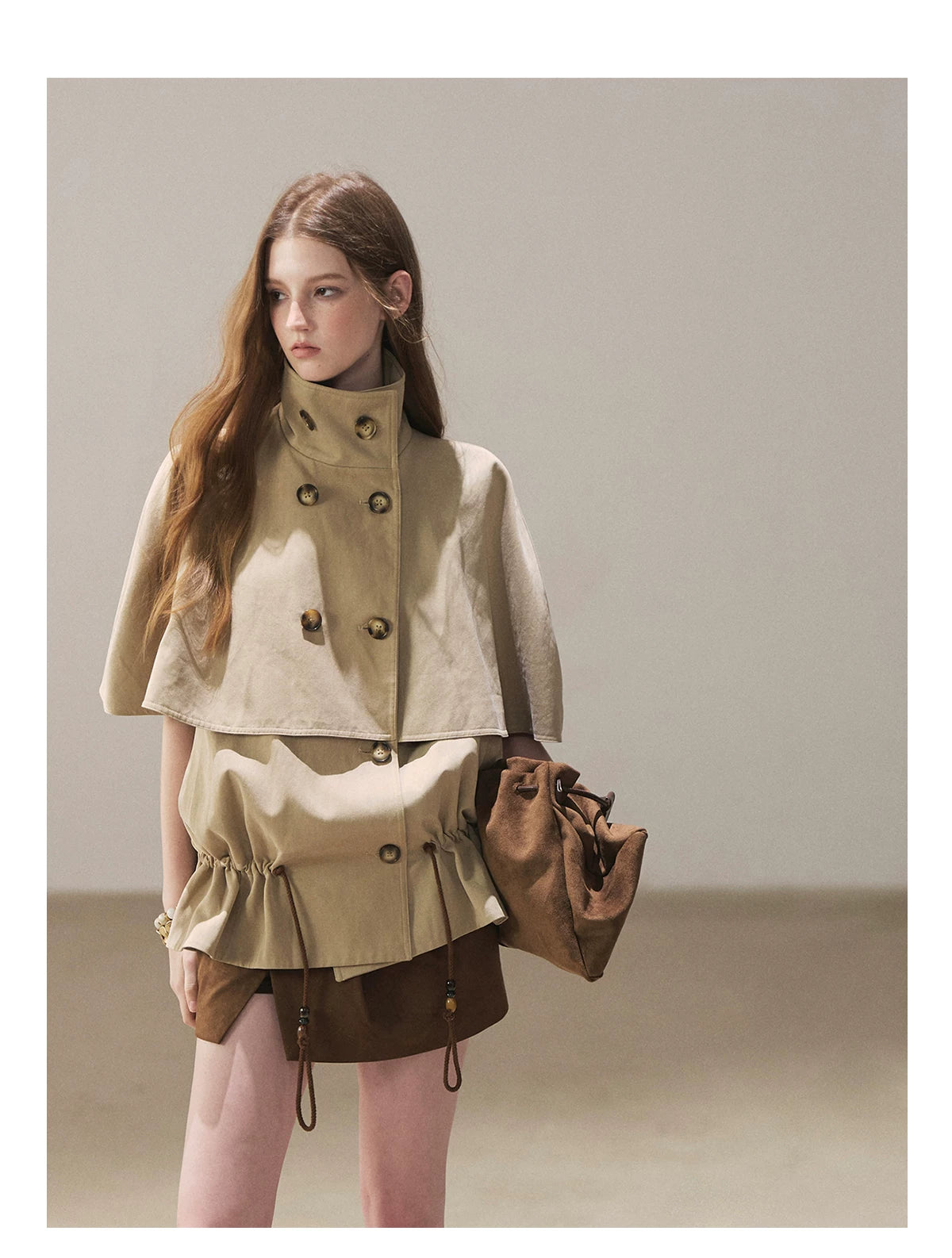 AOMALM - "Through the Oak Grove" Almond Taupe Cape Coat with Drawstring