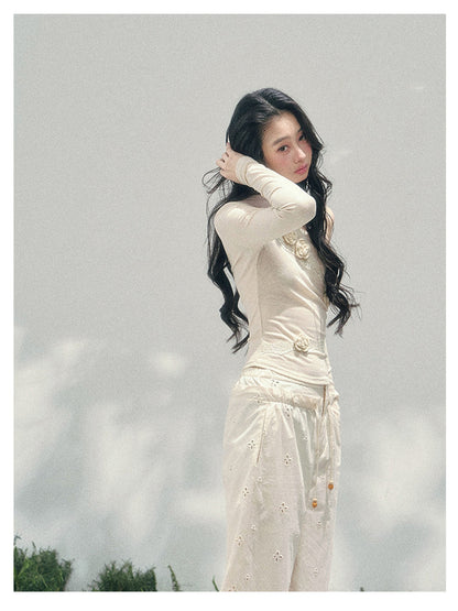 少也眼 “Rose Whisper” Asymmetrical Floral Lace Knit Top 45368753