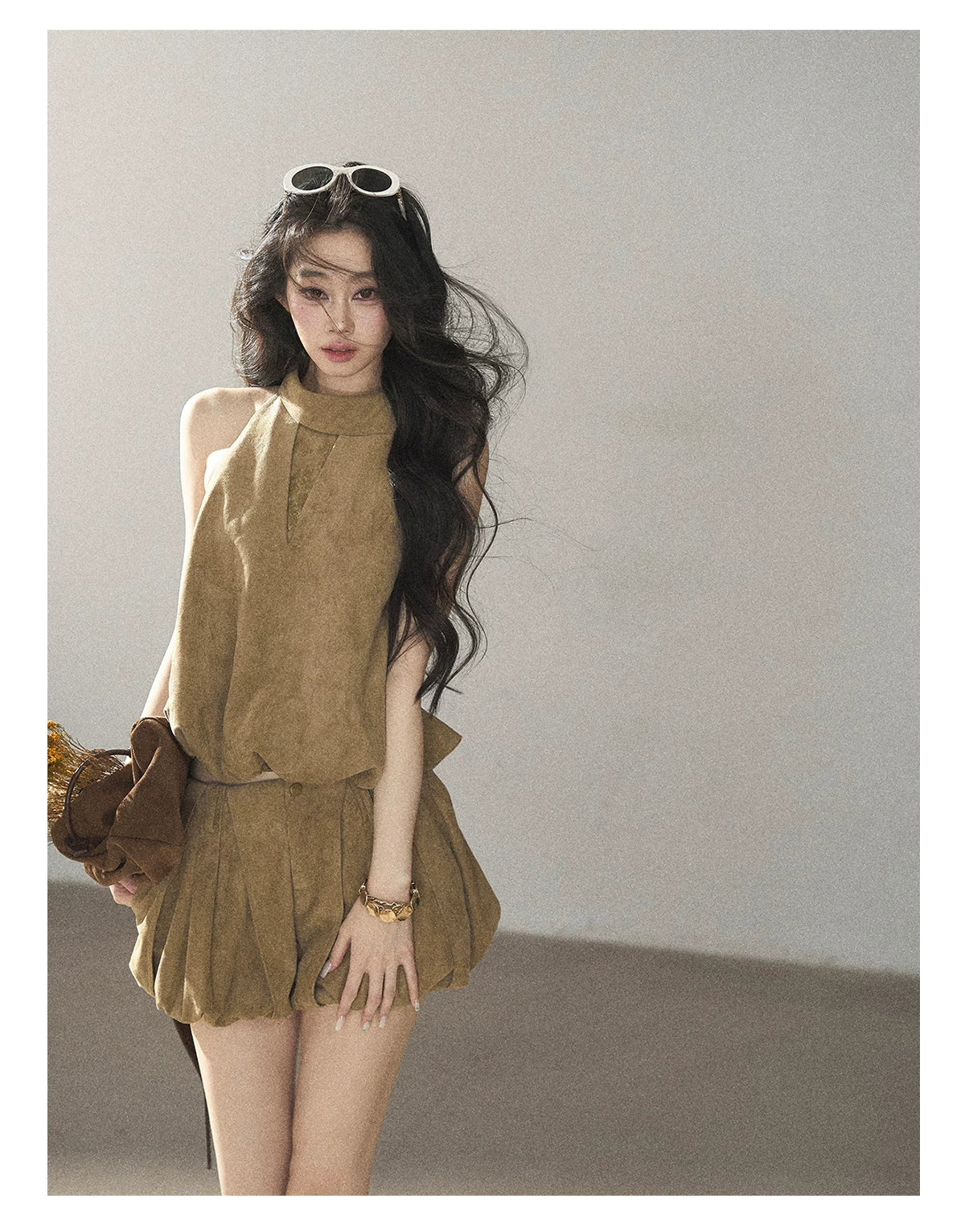 AOMALM - "The Veins of Leaves" Oatmeal French Faux Suede Top & Shorts Set