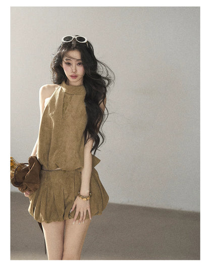 AOMALM - "The Veins of Leaves" Oatmeal French Faux Suede Top & Shorts Set