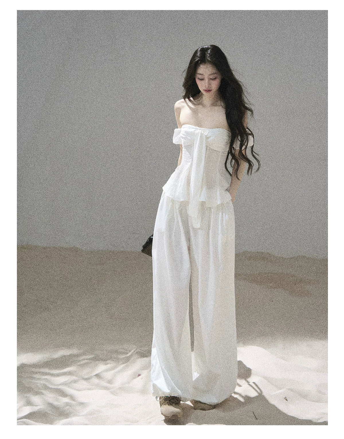"Lazy Soliloquy" White Peplum Top & Wide-Leg Pants Set