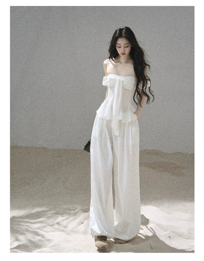 "Lazy Soliloquy" White Peplum Top & Wide-Leg Pants Set