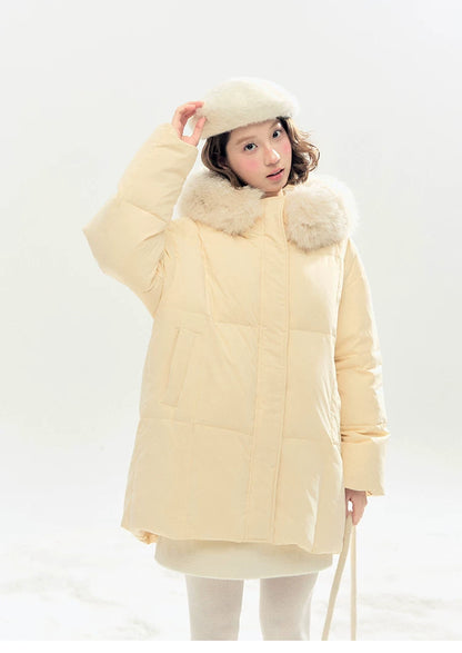 "Butter Soufflé" Vanilla Butter Hooded Mid-Length Down Coat with Faux Fox Fur Trim