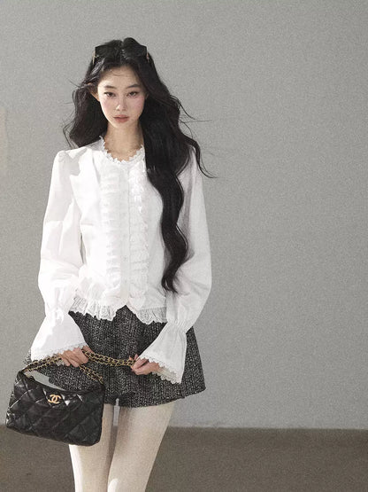 AOMALM - Black & Pearl White Tweed Jacket, Lace Blouse & Mini Skirt Set