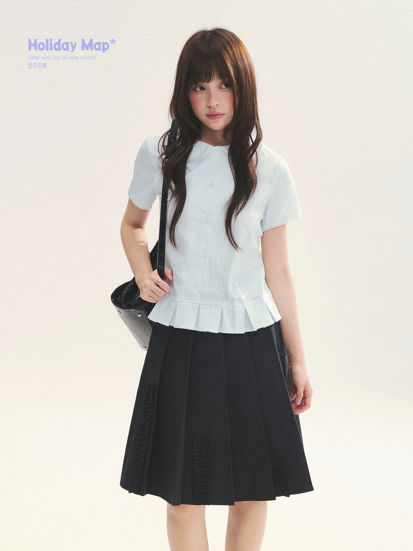 "Citrus Sea Salt" Stripe Lace Peter Pan Collar Pleated Shirt (White Blue / Blue White)