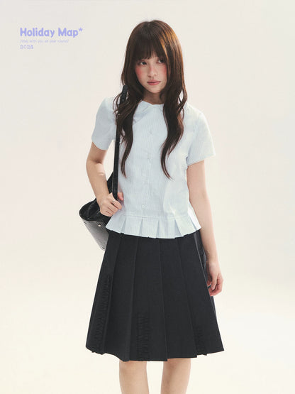 "Citrus Sea Salt" Stripe Lace Peter Pan Collar Pleated Shirt (White Blue / Blue White)