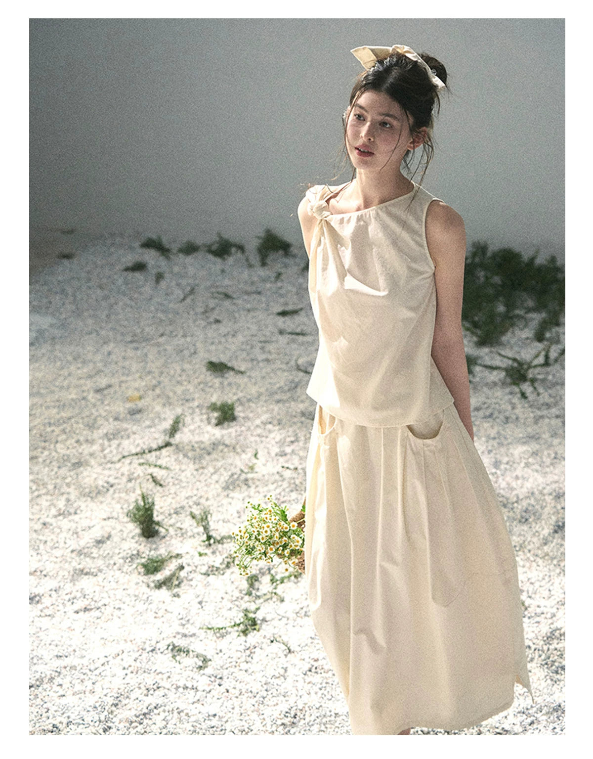 “Ivory Pleated Verse” Soft White Asymmetrical Twist Top & Skirt