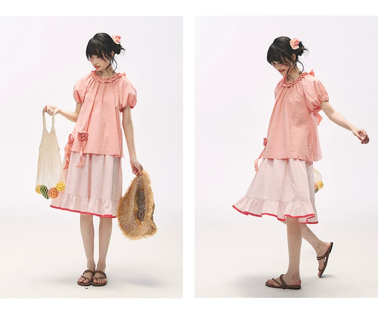 "Pink Grapefruit Bloom" Grapefruit Red Rose Puff Sleeve Blouse