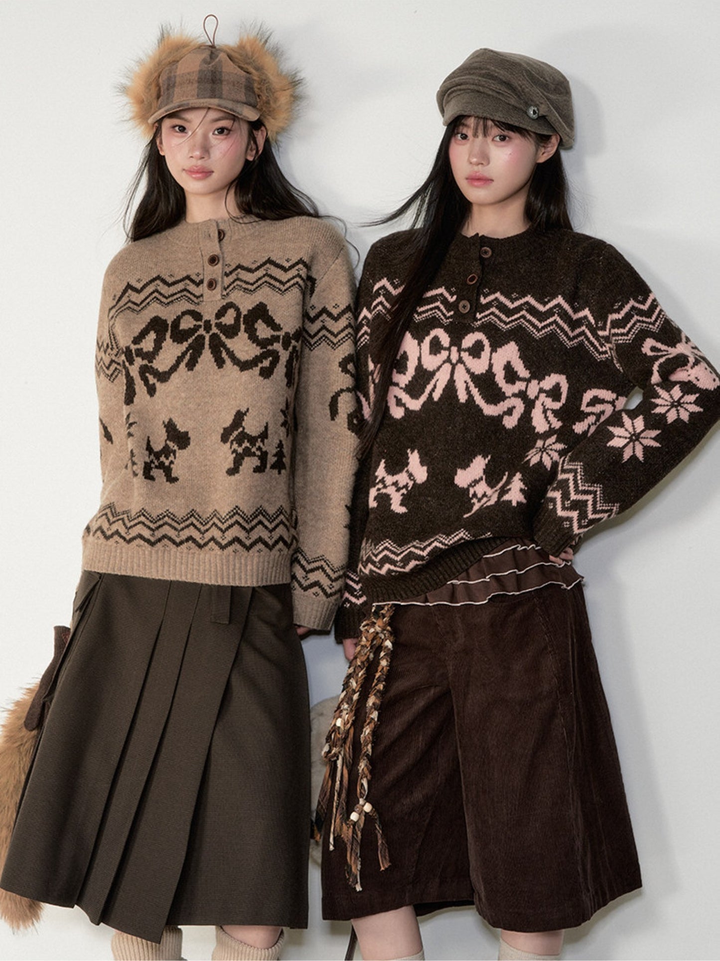 Soote Season - Fair Isle Cinnamon Bow Henley Knit Sweater