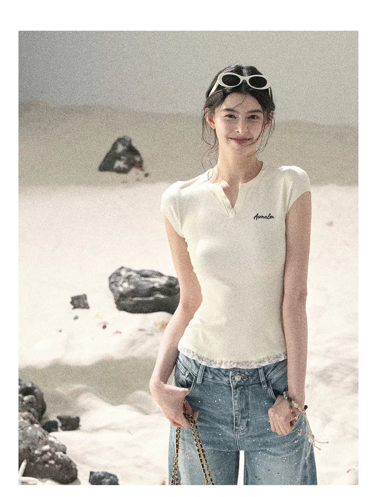 "Letter from the Tides" Cheese White Faux Two-Piece Lace Waist-Fit Crop Top 452436