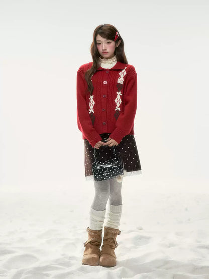 BIBIBENCY - Red Argyle Knit Cardigan with Bow Details
