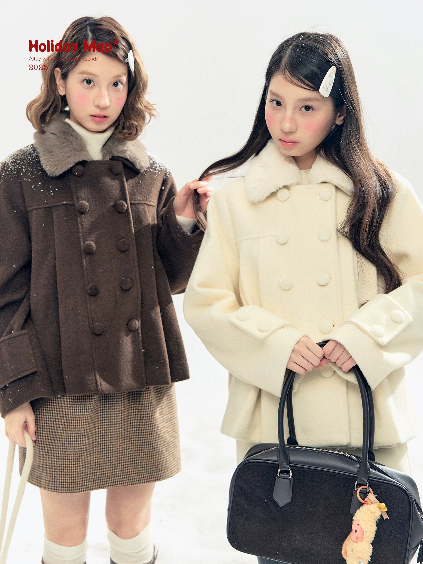 "Berlin Snowfall" Double-Breasted Quilted Wool-Blend Peacoat (Ivory/ Chocolate Brown)