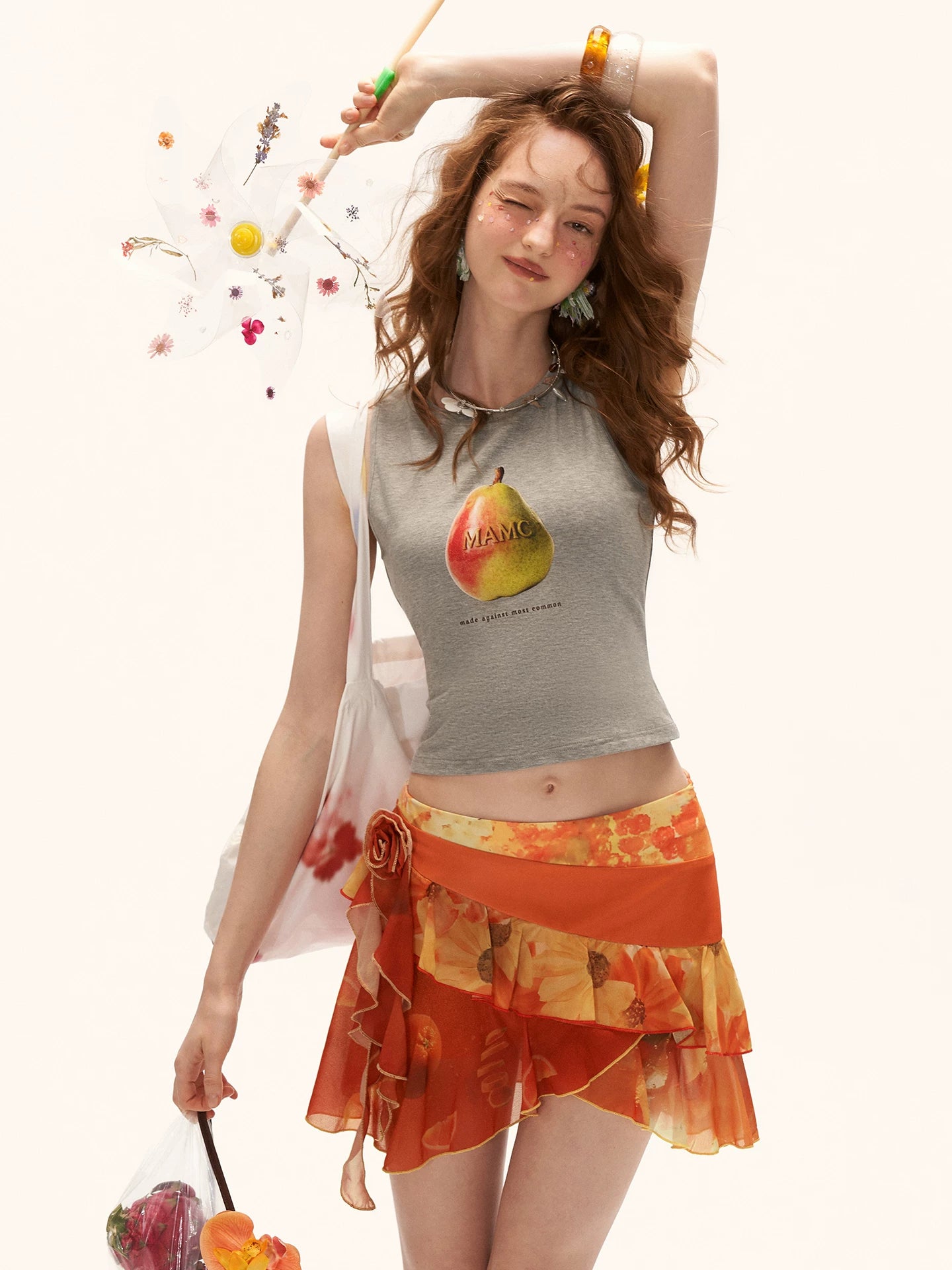 "Sunset Orange Bloom" Asymmetric Layered Mini Skirt WE942