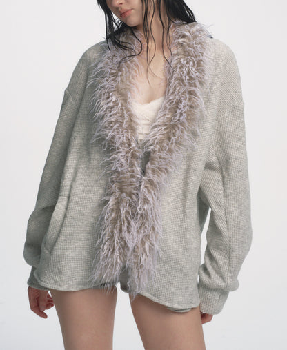 Muirgen - Ice Grey Waffle-Knit Wool Cardigan Jacket with Faux Fur Collar