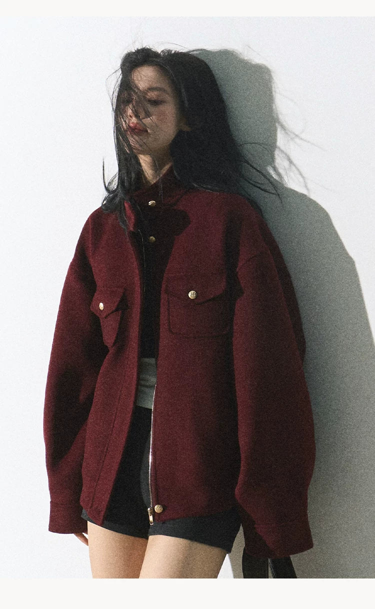 OAKMOO/ "Plum Blossom Mood" Angora Red Wool-Blend Harrington Jacket