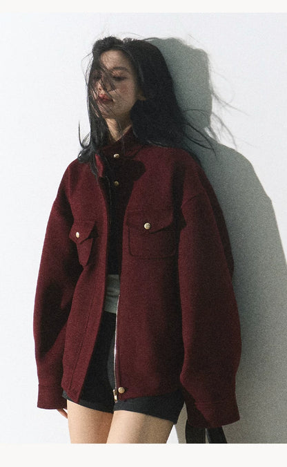 OAKMOO/ "Plum Blossom Mood" Angora Red Wool-Blend Harrington Jacket