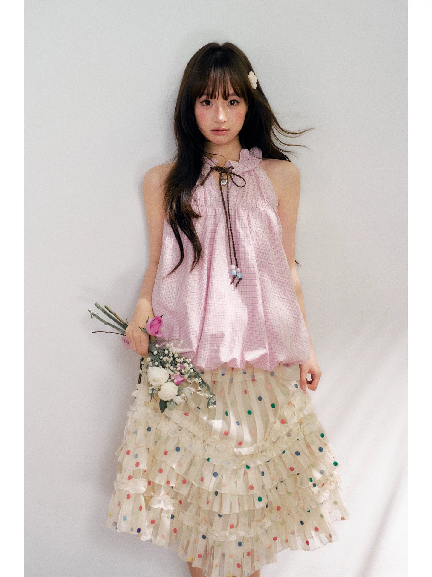 “Starlight Tulle Reverie” Apricot Polka Dot Mesh Skirt