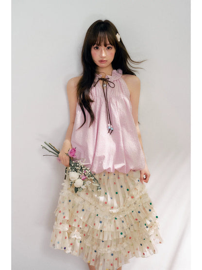 “Starlight Tulle Reverie” Apricot Polka Dot Mesh Skirt