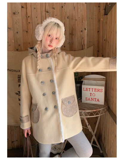 RF - Cream Yellow Hooded Wool-Blend Coat with Polka Dot Pockets