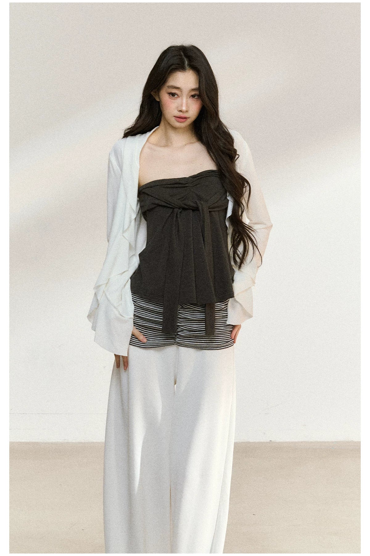 JN's DESIGN - White Ruffle Overshirt & Gray Cami Set