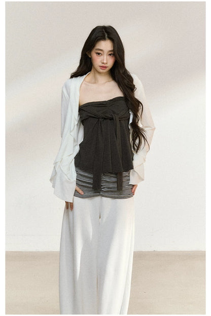 JN's DESIGN - White Ruffle Overshirt & Gray Cami Set